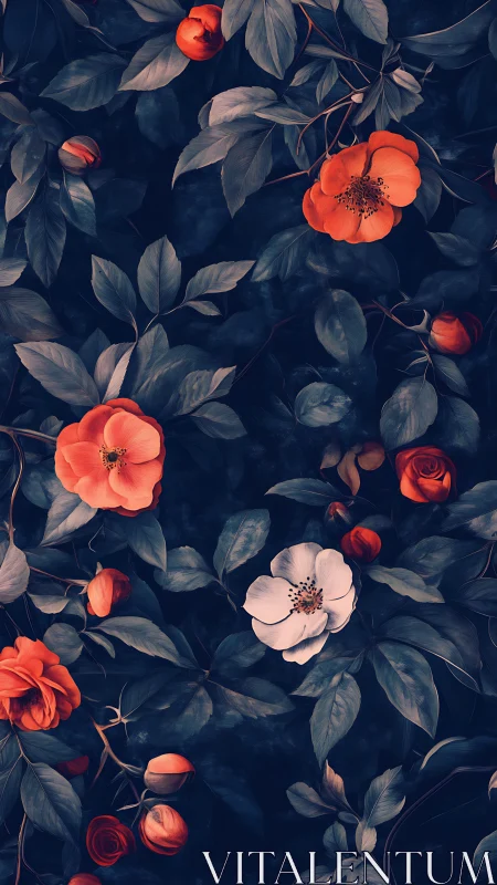 Coral Roses Dance Through Midnight Garden.