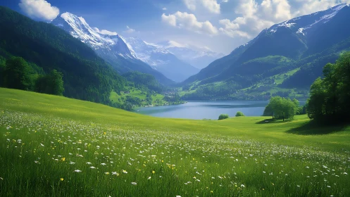 High dynamic range alpine lake valley framed by snowcapped peaks
