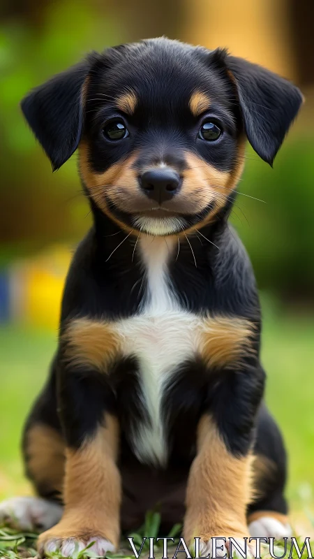 Portrait of tricolor puppy in shallow depth-of-field garden scene