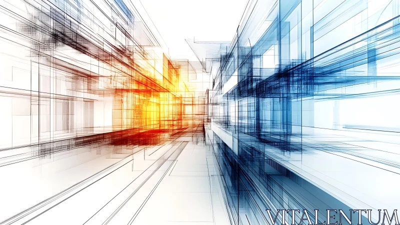 Futuristic architectural wireframe corridor with vibrant digital colors.