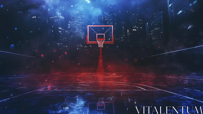 Neon city basketball court under dramatic night skyline.