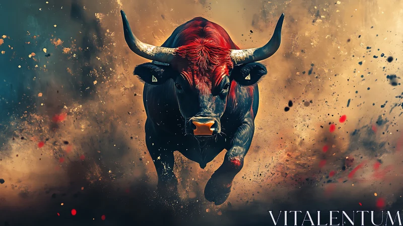 Digitally rendered bull charging through dust and debris.