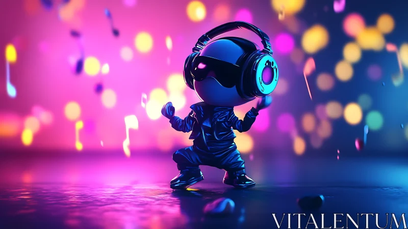 Tiny DJ robot dancing under neon party lights with joy.