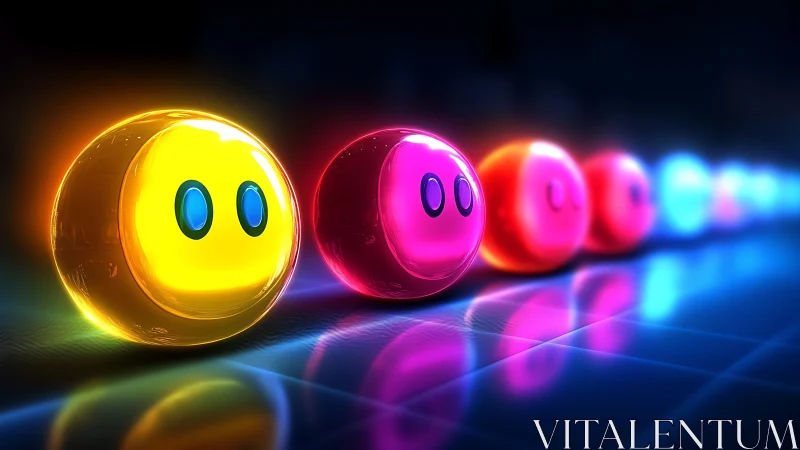 Glowing emoji spheres shine in a neon futuristic corridor