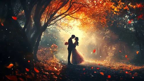Autumnal Silhouettes: Couple Framed Within Luminescent Arboreal Canopy.