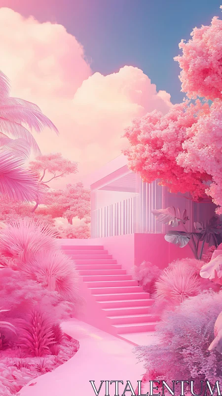 Monochrome pink house and staircase in stylized garden scene.
