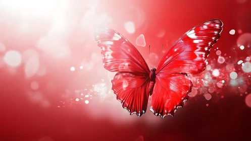 Crimson butterfly glows in a dreamy red bokeh haze