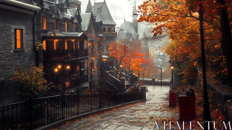 Digital painting of misty autumn alley with warm city lights.