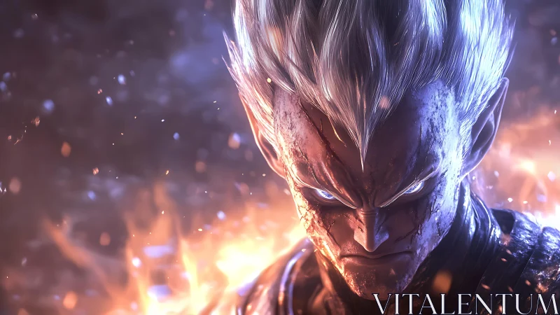 Intense silver haired warrior surrounded by rising flames.