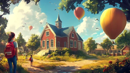 Sunlit village schoolyard with drifting hot air balloons.