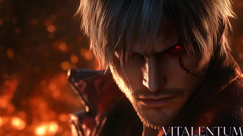 Scarred silver-haired antihero in fiery close-up portrait.