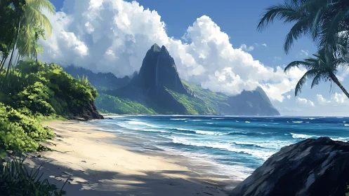 Tropical Island Peak Over Pristine Beach Waters.