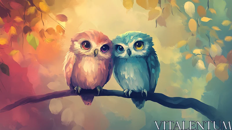 Two Cute Cartoon Owls on Branch in Vibrant Watercolor Style.