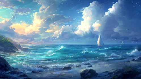 Sailboats on bright blue ocean under large clouded sky.