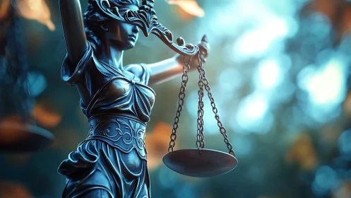 Blind justice gleams in teal twilight with poised silver scales.