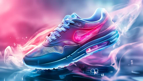 Neon-lit sneaker drifting through dreamy vapor trails.