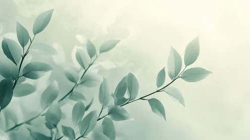 Minimalist botanical branch with soft green leaves in gentle light.