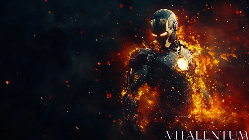 Armored firestorm strides through embers like living plasma