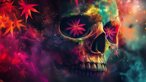 Neon skull merges floral forms with swirling cosmic smoke