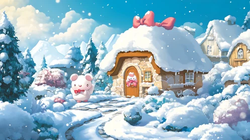 Snow-covered cottage and character in stylized winter landscape