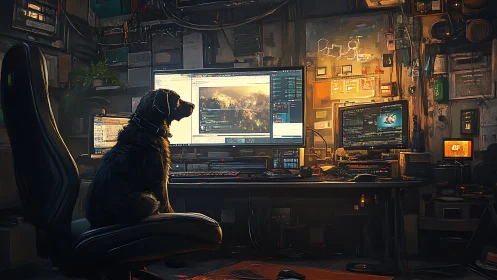 Canine operator in multi-monitor cybernetic command studio.