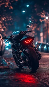 Sport motorcycle on wet urban street at night, rear view.