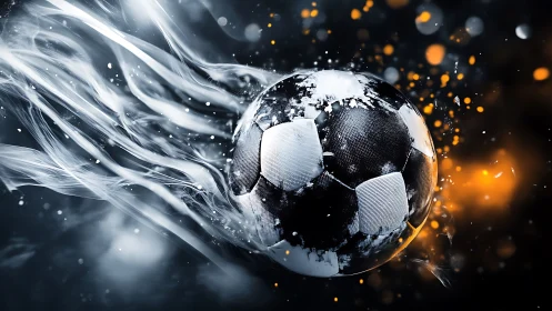 Exploding soccer ball streaks through smoke and sparks in motion