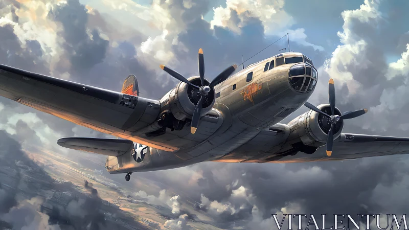 Storm-brushed bomber leans into sunlit clouds with quiet resolve