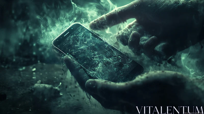 Hands hold a smartphone partially submerged in turbulent liquid