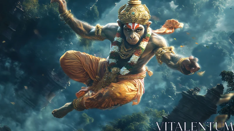 Divine simian warrior in dynamic midair mythic leap.