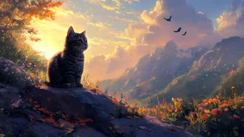 Majestic Cat Watches Over a Glowing Mountain Paradise.