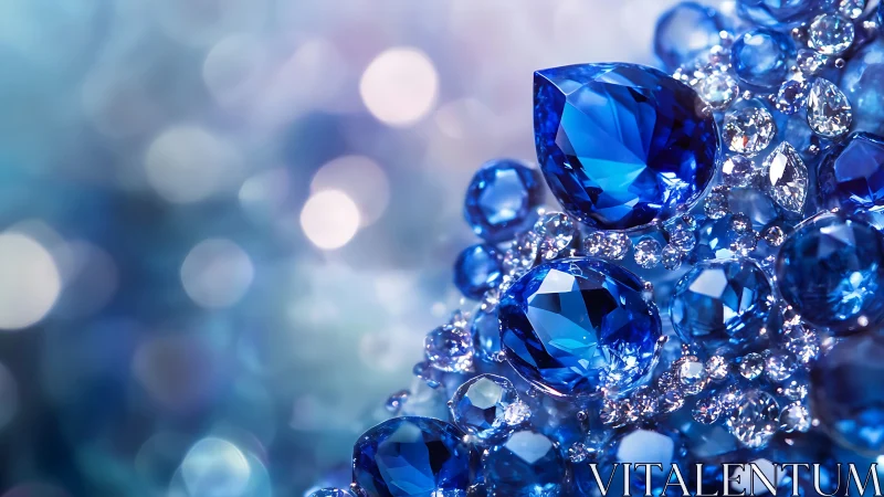 Macro optical study of faceted blue gemstones in bokeh field.
