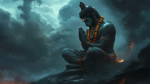 Stormlit blue deity in meditative prayer on rocky peak.