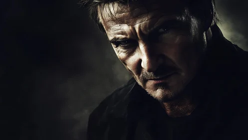 Portrait shows middle-aged man in hard side lighting