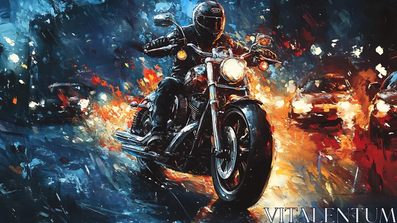 Motorcyclist rides through wet city traffic at night.