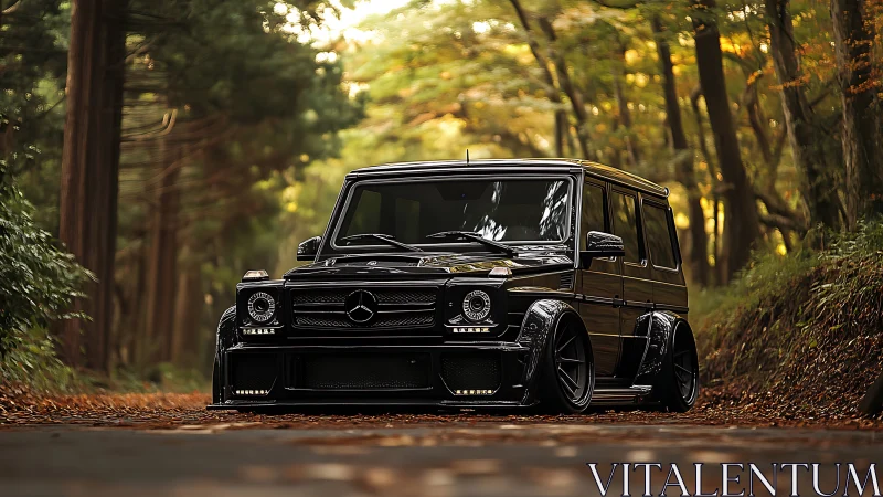 Widebody black G‑Class SUV with stance kit in forest lane.