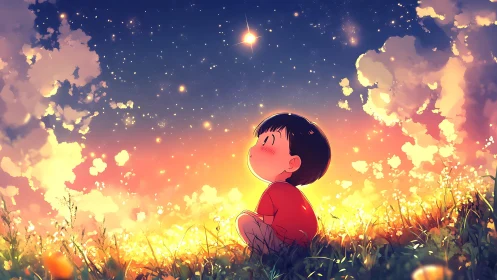Child watches bright evening star over glowing meadow
