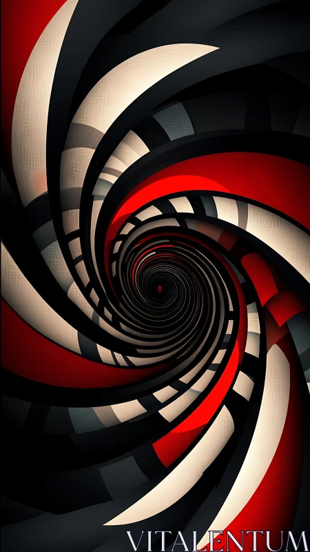 Spiral tunnel of red, black, and white curved bands rotates inward