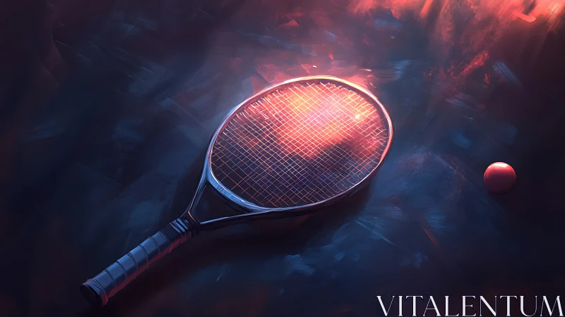 Neon-lit tennis racket with ball in atmospheric motion blur