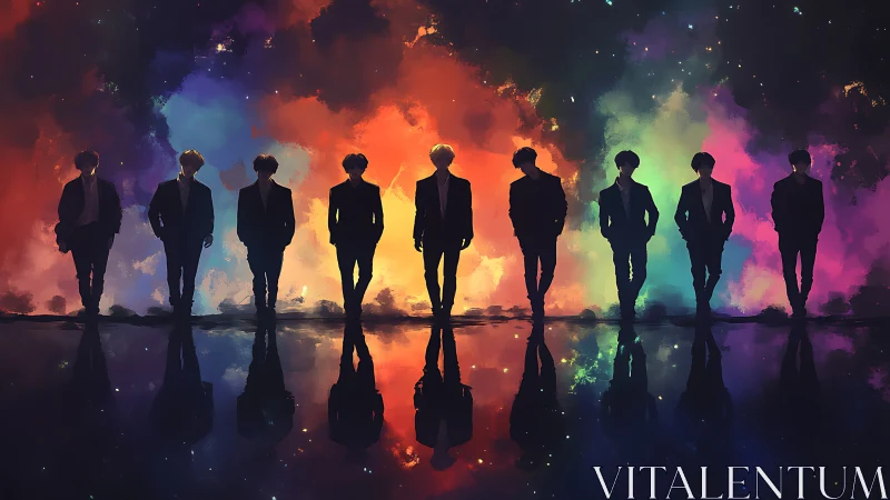 Silhouetted figures before multicolored nebula backdrop.