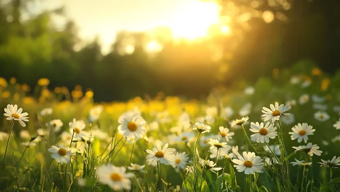 Sunlit Daisy Meadow at Golden Hour.