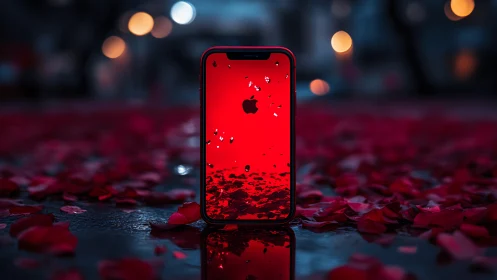Red iPhone Display Surrounded by Rose Petals in Bokeh Environment