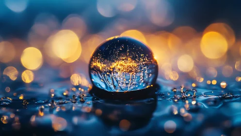 Crystal droplet cradles a tiny city of molten dusk lights