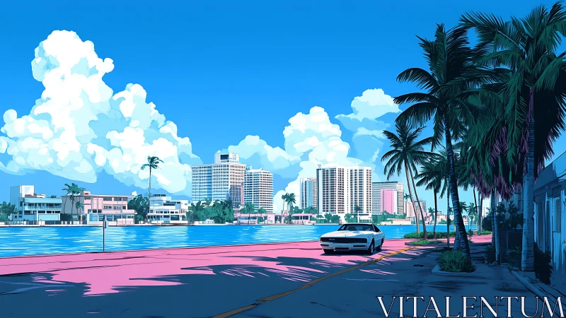 Coastal boulevard with retro car rendered in bold cel shading
