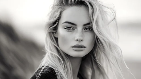 Monochrome close portrait of woman with windblown hair.