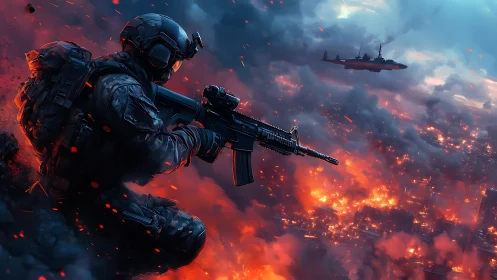 Armored soldier overlooking incendiary urban battlefield at dusk