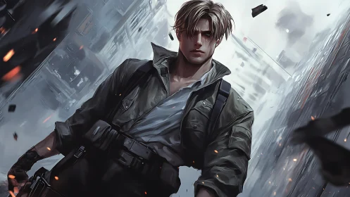 Battle-hardened soldier strides through tilted urban ruin