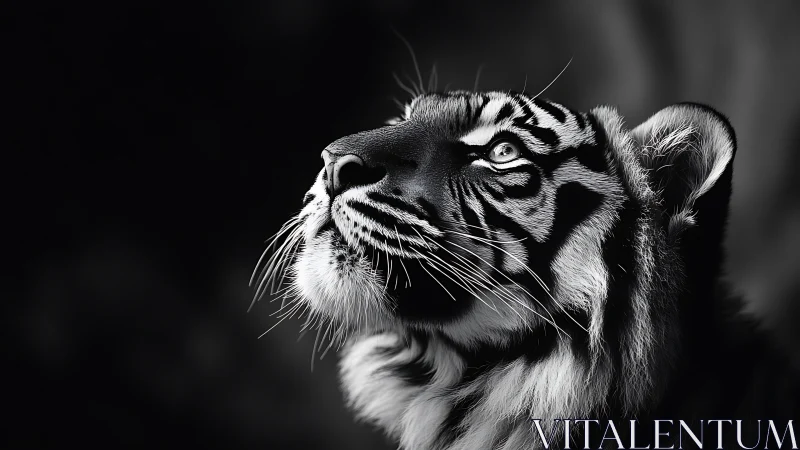 Young tiger gazing upward in soft black and white light.