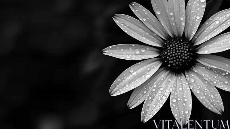 Daisy Petals Adorned with Morning Dewdrops in Monochrome.