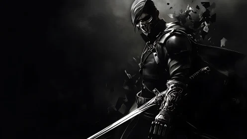 Masked swordsman in dark armor holds blade amid shattered debris